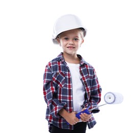 Photo of Choice of profession. Little girl in hard hat with roller pretending to be painter on white background