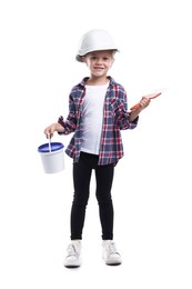 Photo of Choice of profession. Little girl in hard hat with paint and spatula pretending to be builder on white background