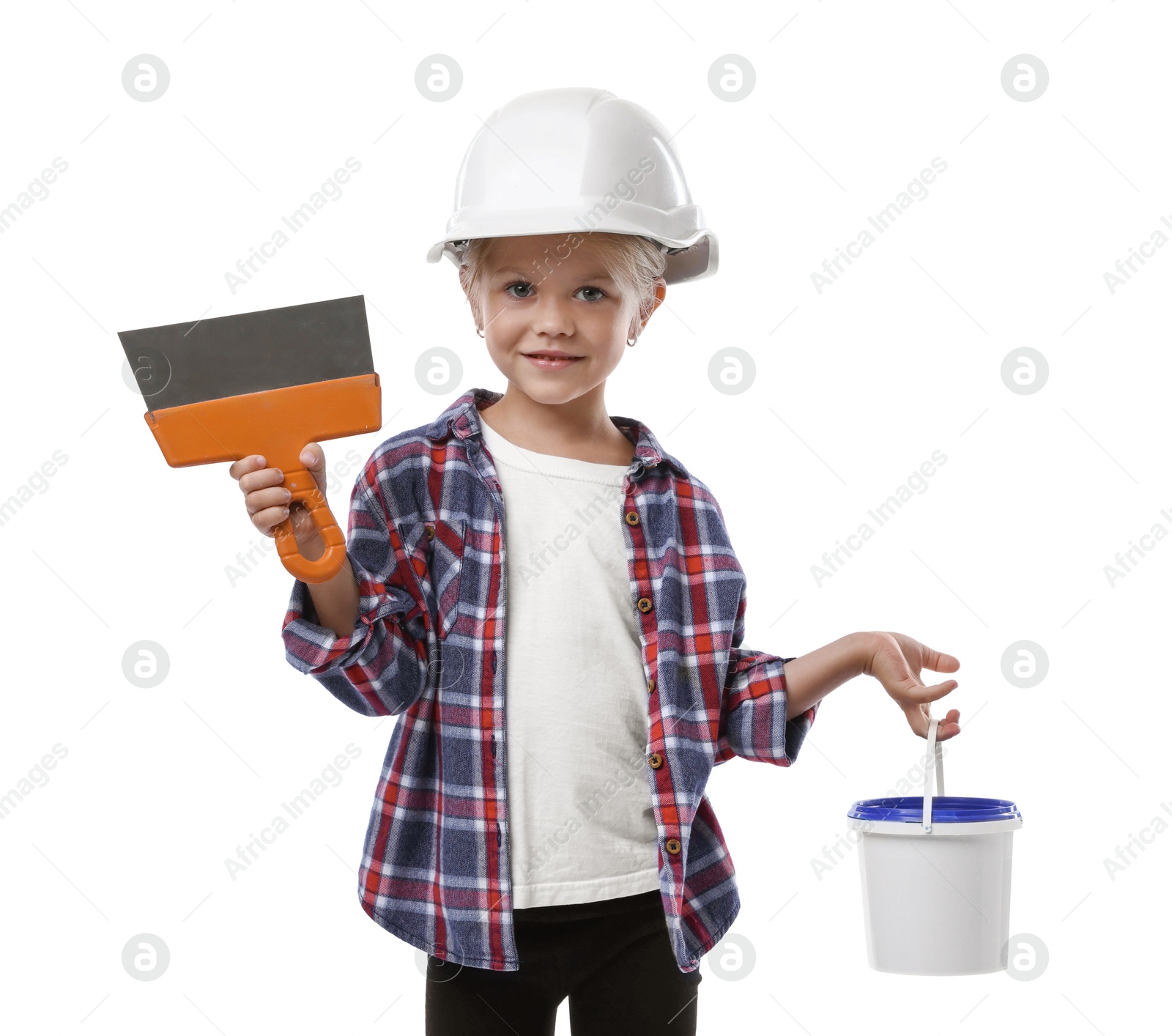 Photo of Choice of profession. Little girl in hard hat with paint and spatula pretending to be builder on white background
