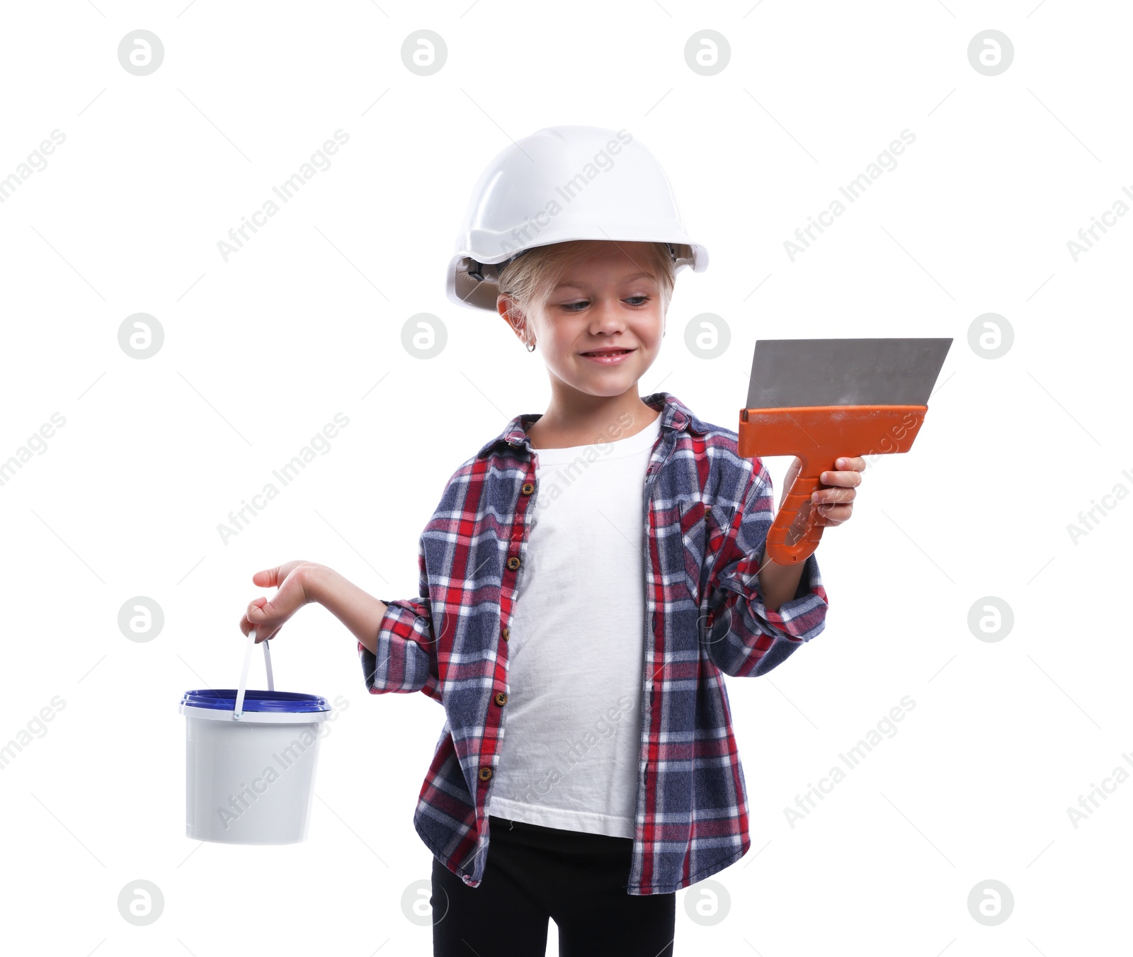 Photo of Choice of profession. Little girl in hard hat with paint and spatula pretending to be builder on white background