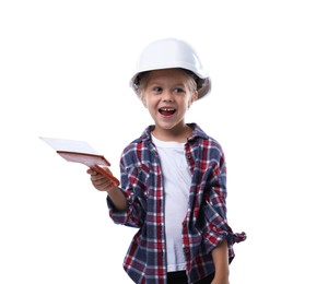 Photo of Choice of profession. Little girl in hard hat with spatula pretending to be builder on white background