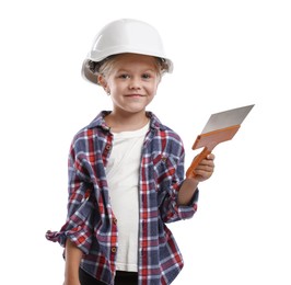 Photo of Choice of profession. Little girl in hard hat with spatula pretending to be builder on white background