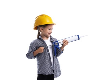 Photo of Choice of profession. Little girl in hard hat with caulking gun pretending to be builder on white background