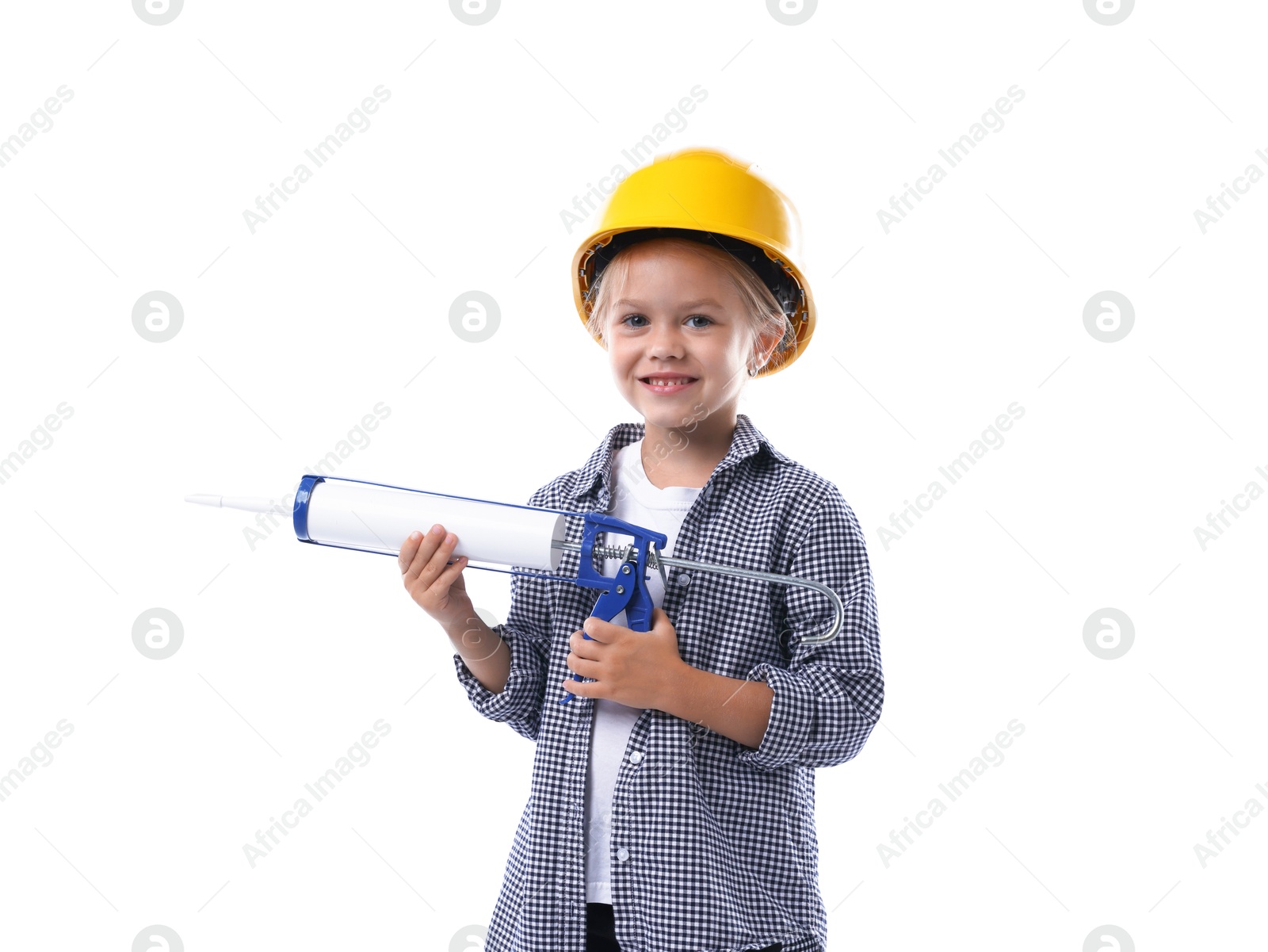 Photo of Choice of profession. Little girl in hard hat with caulking gun pretending to be builder on white background