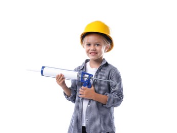Photo of Choice of profession. Little girl in hard hat with caulking gun pretending to be builder on white background