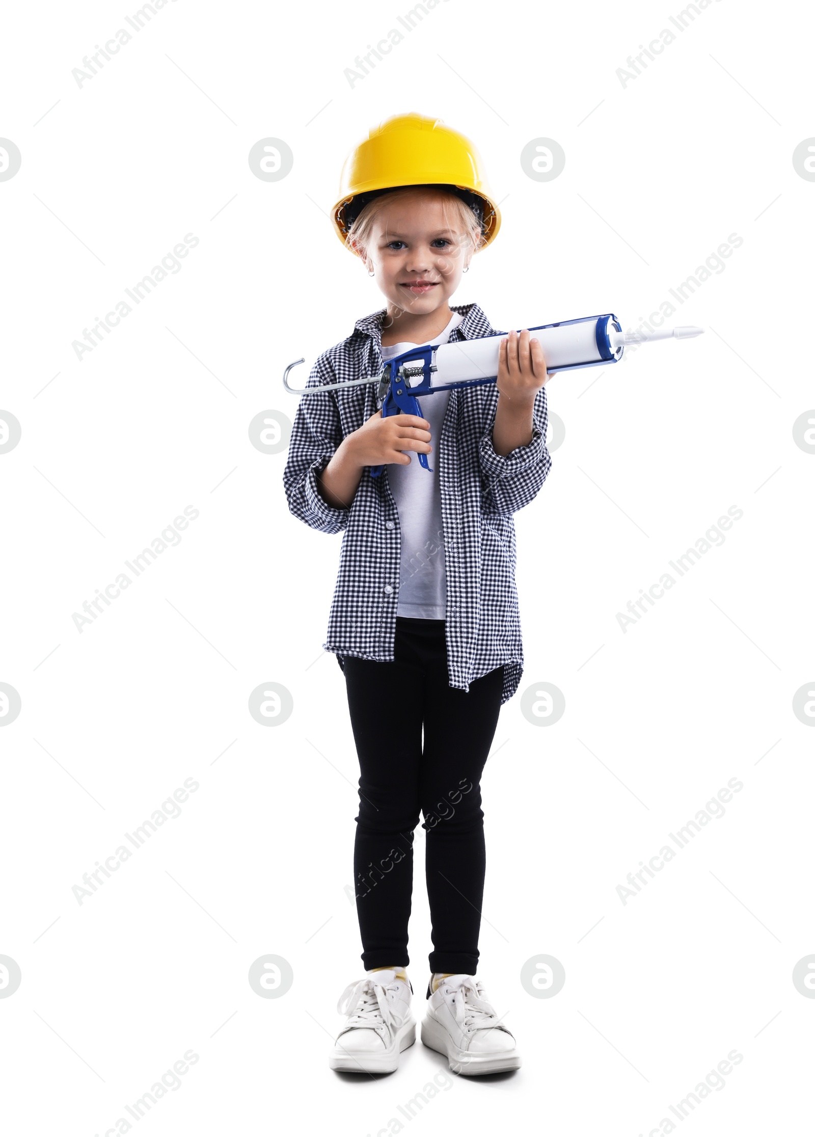 Photo of Choice of profession. Little girl in hard hat with caulking gun pretending to be builder on white background