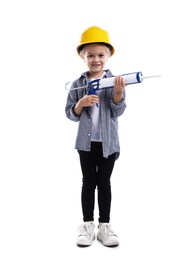 Photo of Choice of profession. Little girl in hard hat with caulking gun pretending to be builder on white background