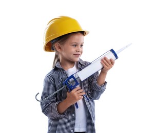 Photo of Choice of profession. Little girl in hard hat with caulking gun pretending to be builder on white background