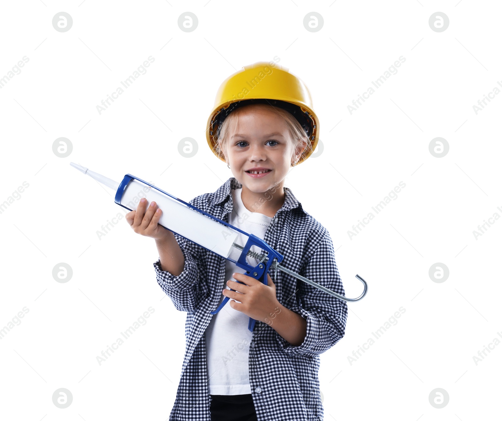 Choice of profession. Little girl in hard hat with caulking gun pretending to be builder on white background Photo of Choice of profession. Little girl in hard hat with caulking gun pretending to be builder on white background