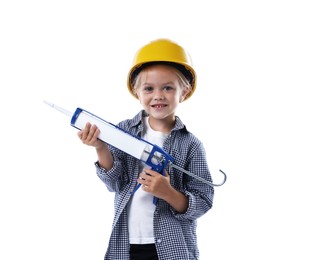 Photo of Choice of profession. Little girl in hard hat with caulking gun pretending to be builder on white background