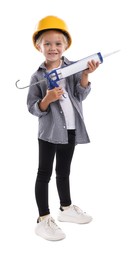 Photo of Choice of profession. Little girl in hard hat with caulking gun pretending to be builder on white background