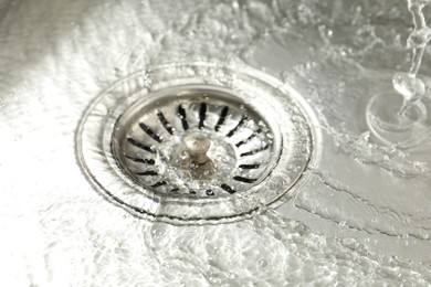 Photo of Water going down sink drain, closeup view