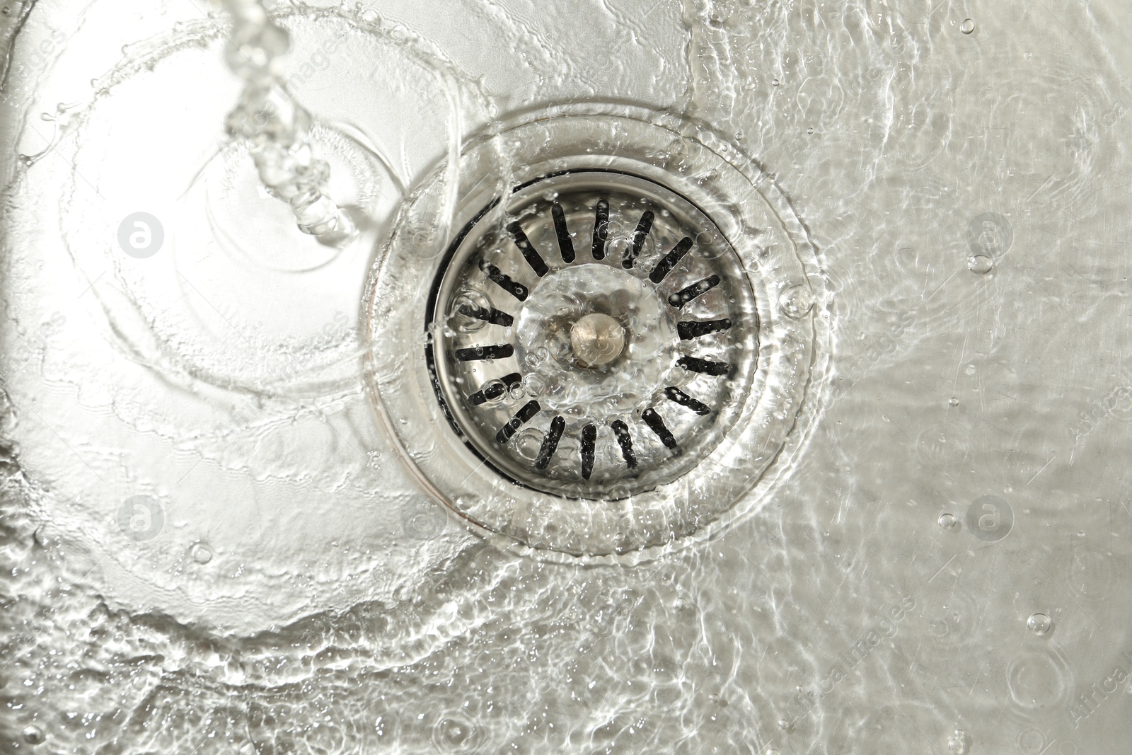 Photo of Water going down sink drain, top view