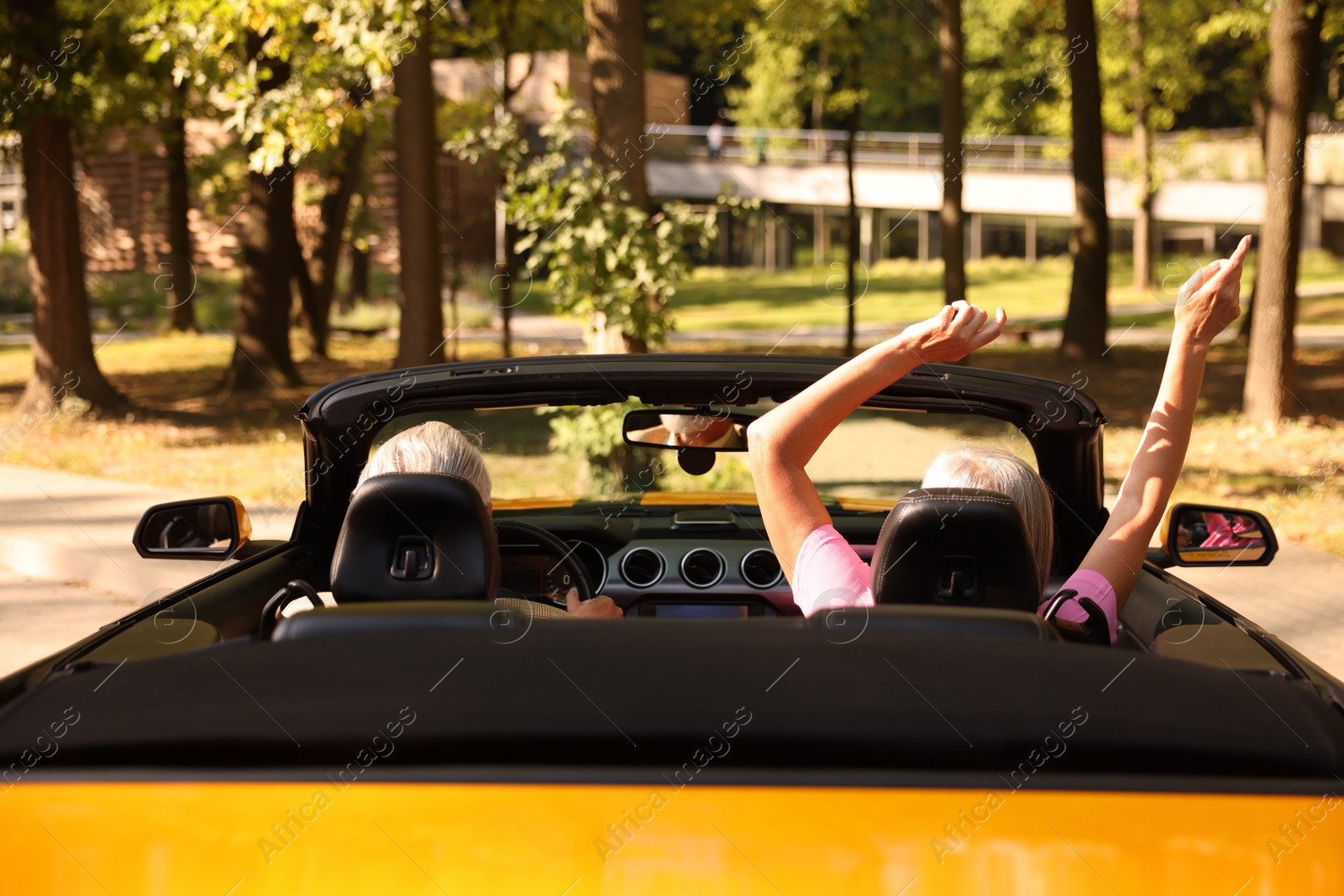 Senior couple enjoying cabriolet ride in city, back view Photo of Senior couple enjoying cabriolet ride in city, back view