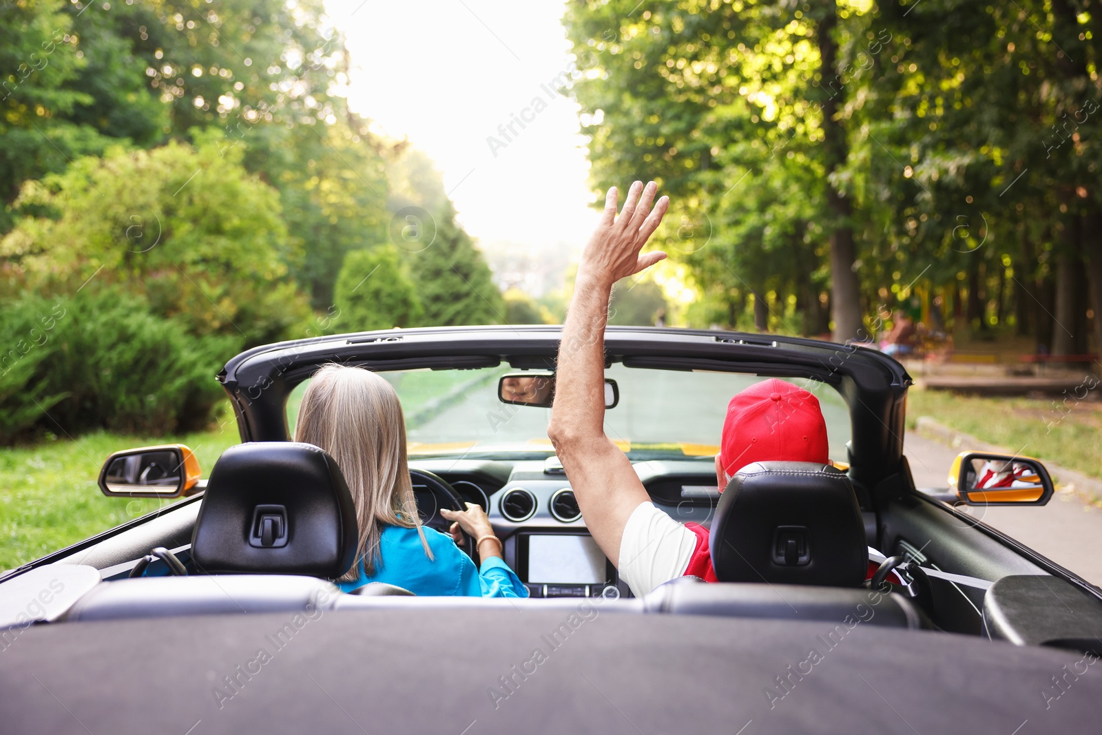 Photo of Senior couple enjoying cabriolet ride outdoors, back view