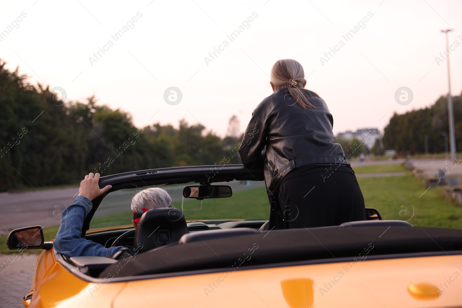 Photo of Senior couple enjoying cabriolet ride in city, back view