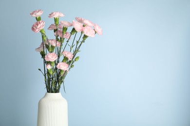 Photo of Beautiful carnation flowers in vase on light blue background, closeup. Space for text