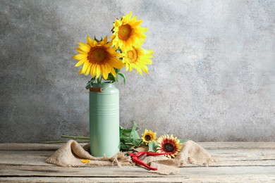 Photo of Beautiful sunflowers in can used as vase and secateurs on wooden table, space for text