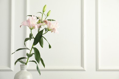 Photo of Beautiful lily flowers in vase near white wall, space for text