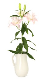 Photo of Beautiful lily flowers in vase isolated on white