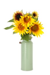 Photo of Beautiful sunflowers in can used as vase isolated on white