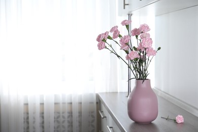 Photo of Beautiful carnation flowers in vase on wooden cabinet indoors, space for text
