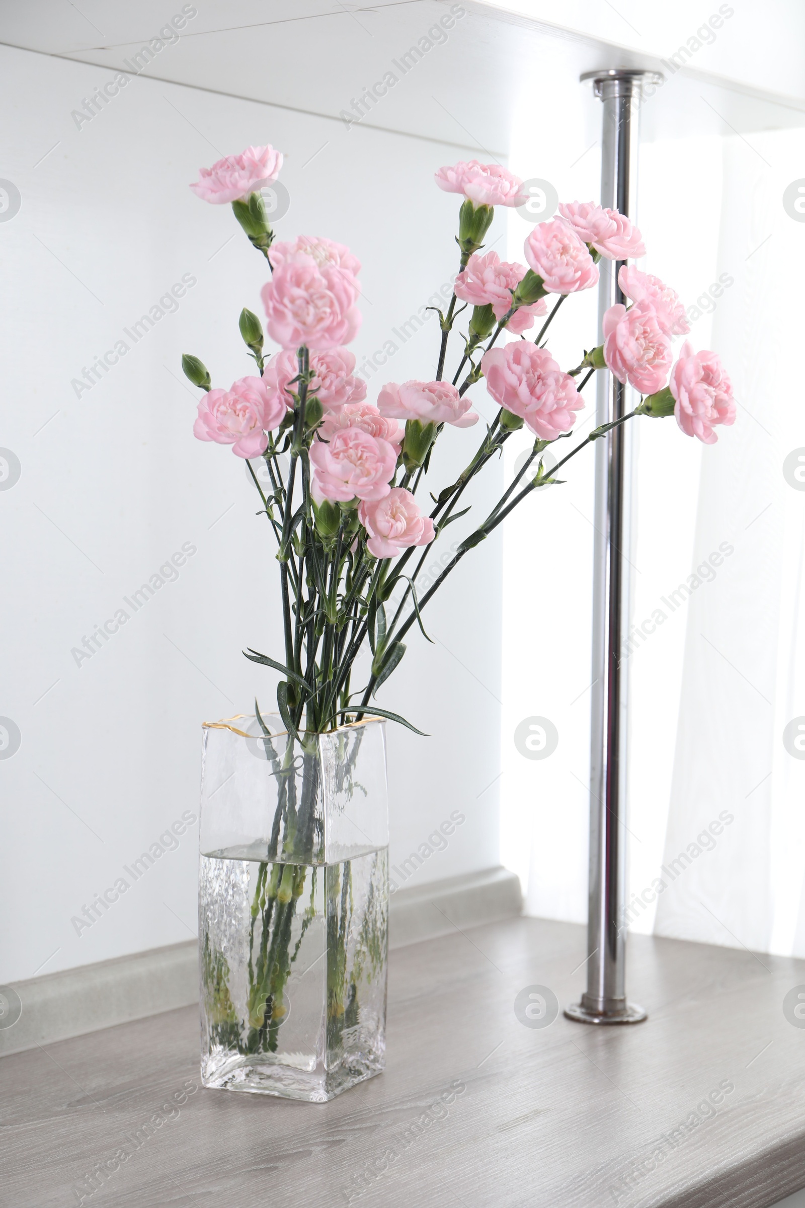 Beautiful carnation flowers in glass vase on wooden table indoors Photo of Beautiful carnation flowers in glass vase on wooden table indoors