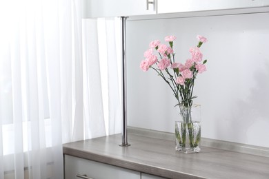 Photo of Beautiful carnation flowers in vase on wooden cabinet indoors, space for text