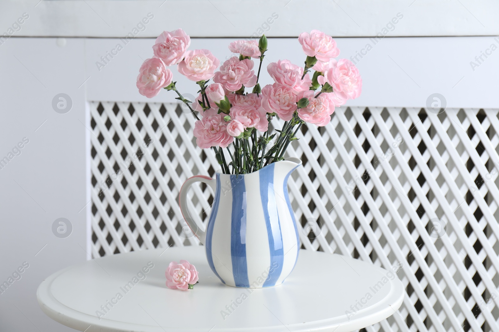 Photo of Beautiful carnation flowers in jug on white table indoors