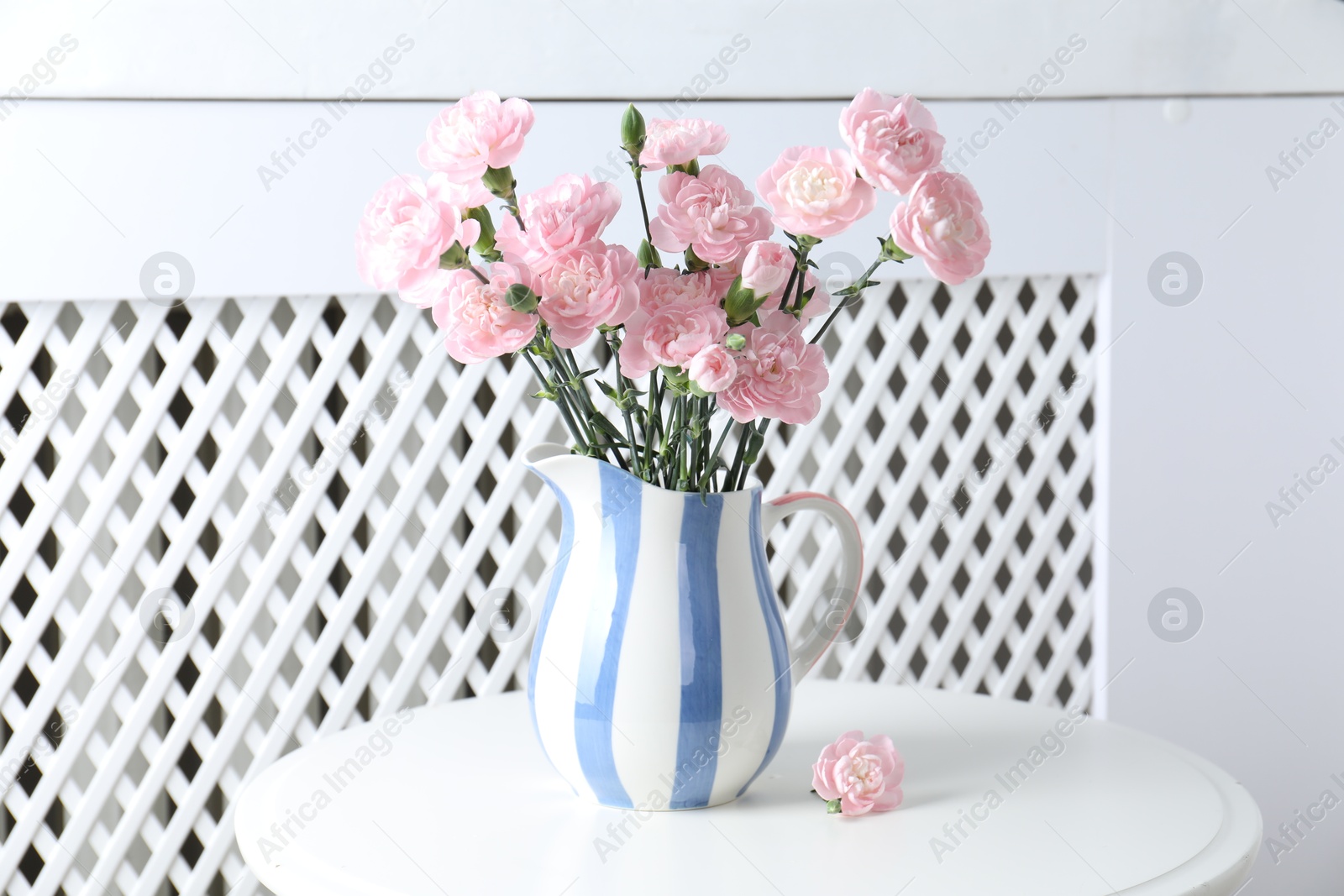 Photo of Beautiful carnation flowers in jug on white table indoors