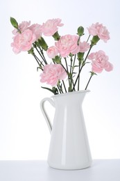 Photo of Beautiful carnation flowers in jug on white background