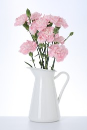 Photo of Beautiful carnation flowers in jug on white background