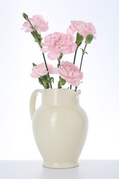 Photo of Beautiful carnation flowers in jug on white background