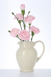 Photo of Beautiful carnation flowers in jug on white background