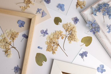 Photo of Beautiful dry flowers, green leaves and picture frame elements on white background, flat lay