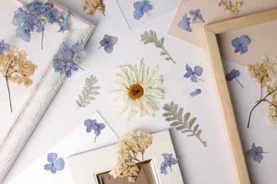 Photo of Beautiful dry flowers, green leaves and picture frame elements on white background, flat lay