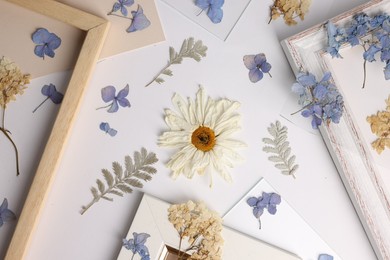 Photo of Beautiful dry flowers, green leaves and picture frame elements on white background, flat lay