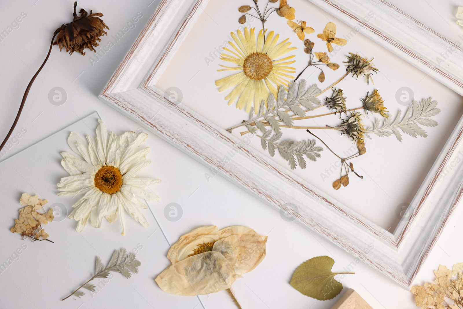 Beautiful dry flowers, green leaves, picture frame and glass on white background, flat lay Photo of Beautiful dry flowers, green leaves, picture frame and glass on white background, flat lay
