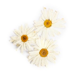 Photo of Beautiful dry chamomile flowers isolated on white, top view
