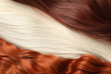 Photo of Strands of different beautiful hair as background, top view