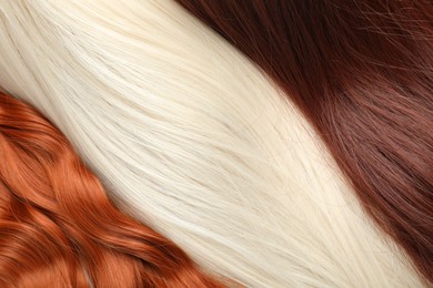 Photo of Strands of different beautiful hair as background, top view