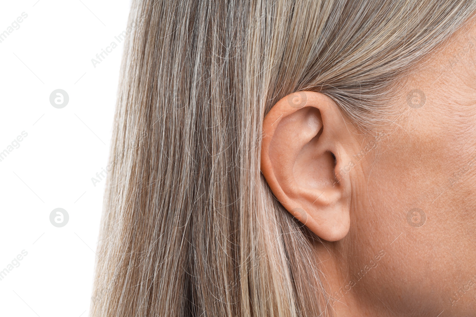 Sound. Senior woman on white background, closeup Photo of Sound. Senior woman on white background, closeup
