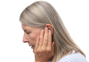 Photo of Sound. Senior woman touching her ear on white background