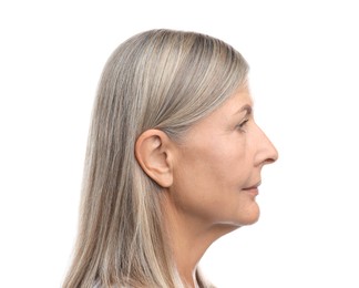 Photo of Sound. Senior woman on white background, closeup