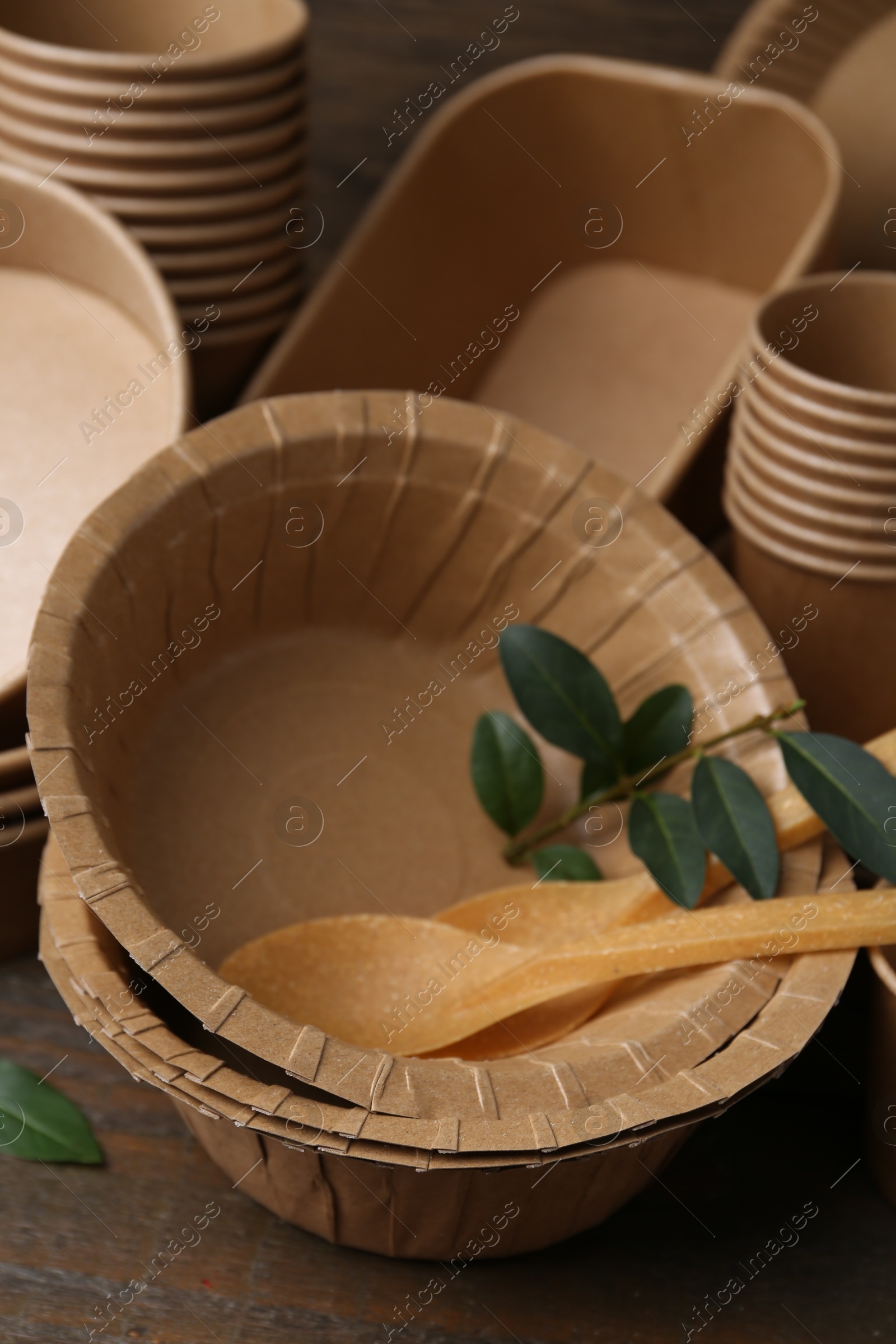 Photo of Set of disposable tableware and green leaves on wooden table, closeup