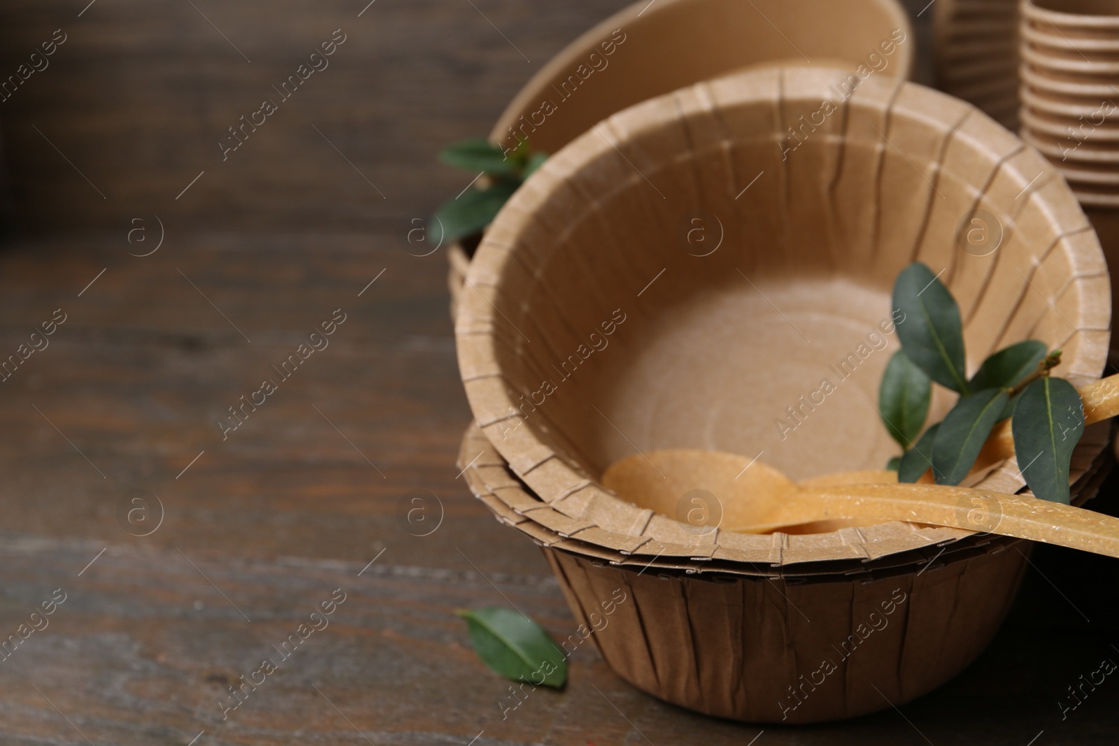 Set of disposable tableware and green leaves on wooden table, closeup. Space for text Photo of Set of disposable tableware and green leaves on wooden table, closeup. Space for text