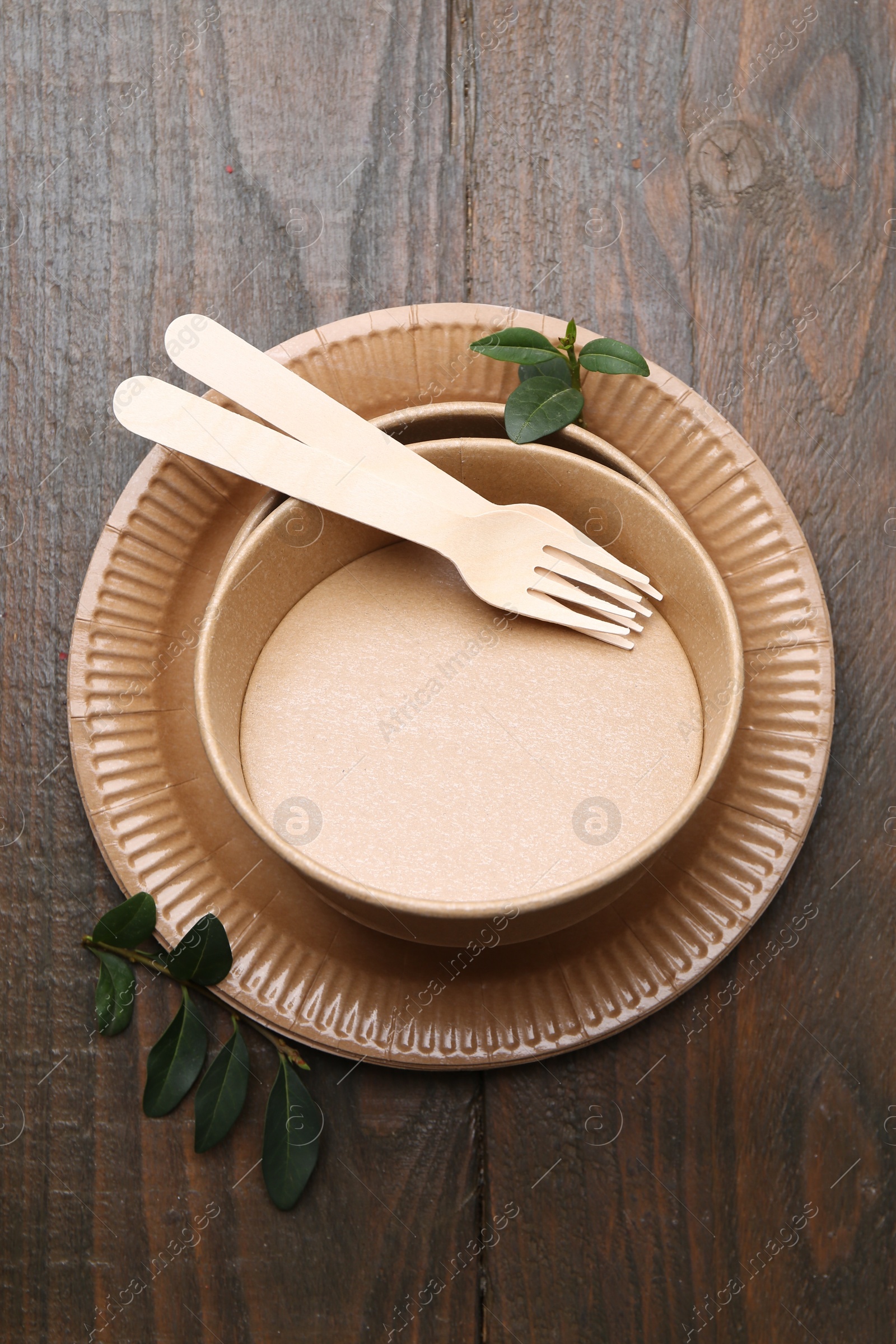 Photo of Set of disposable tableware and green leaves on wooden table, top view