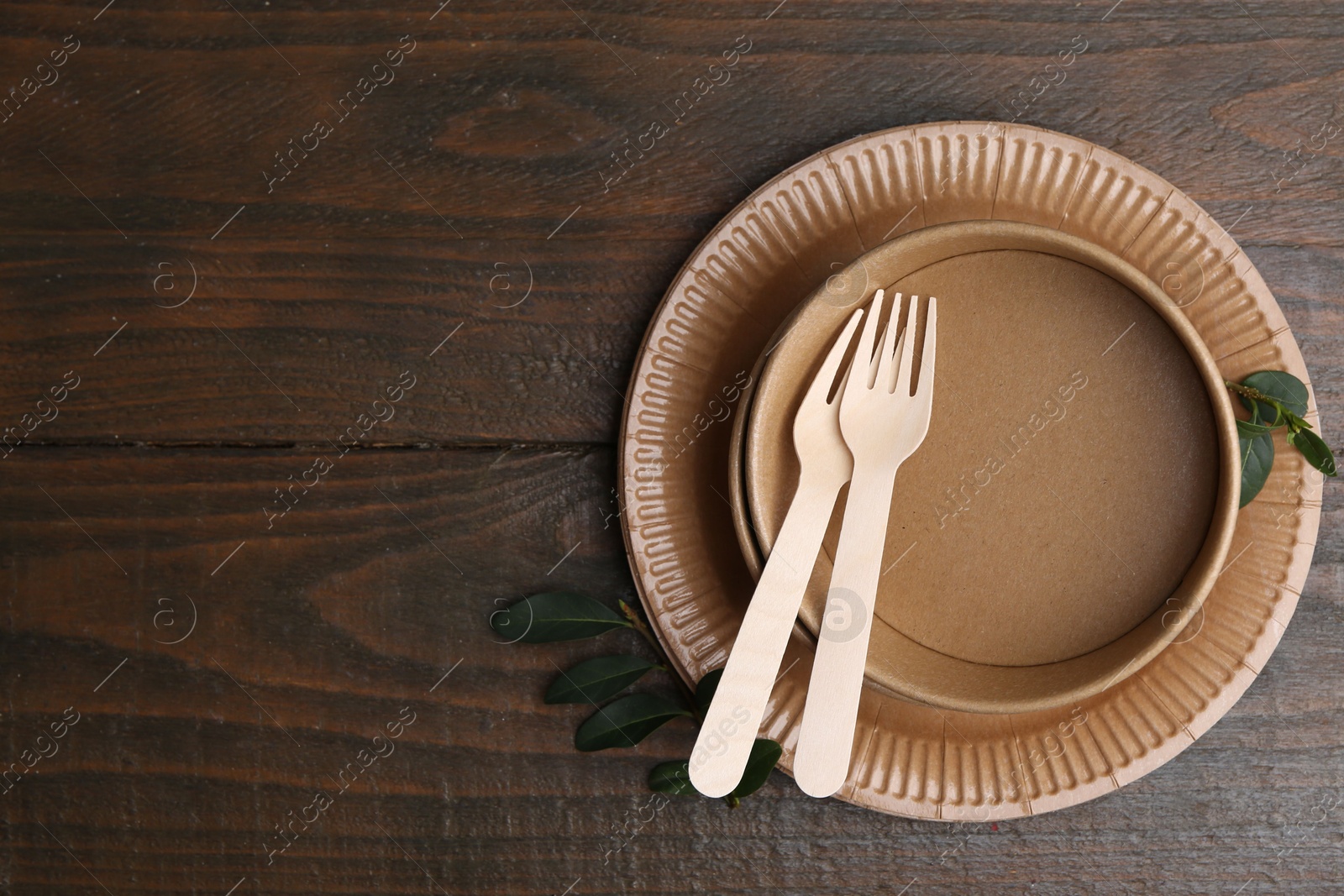 Set of disposable tableware and green leaves on wooden table, top view. Space for text Photo of Set of disposable tableware and green leaves on wooden table, top view. Space for text