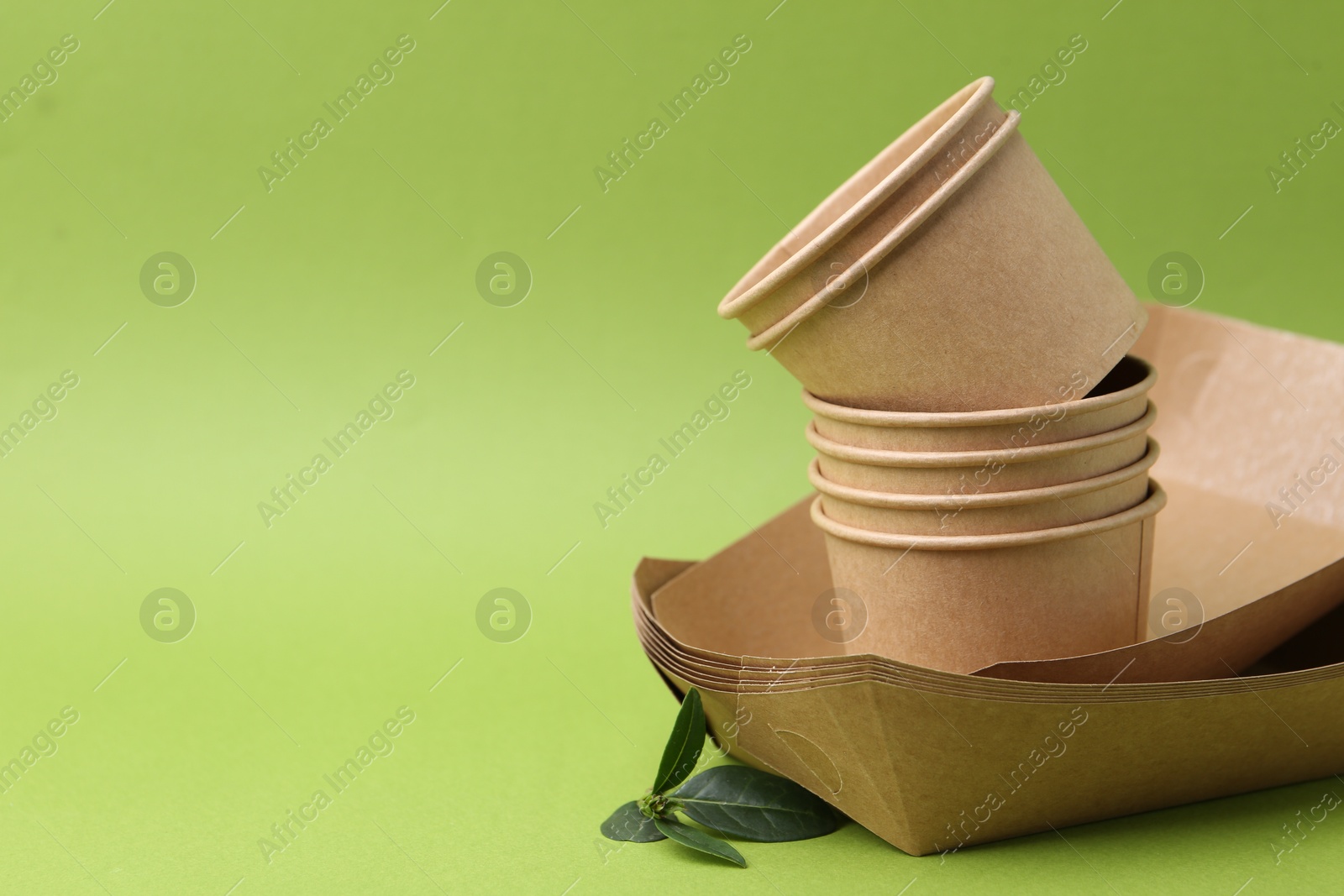 Set of disposable tableware and leaves on green background, closeup. Space for text Photo of Set of disposable tableware and leaves on green background, closeup. Space for text