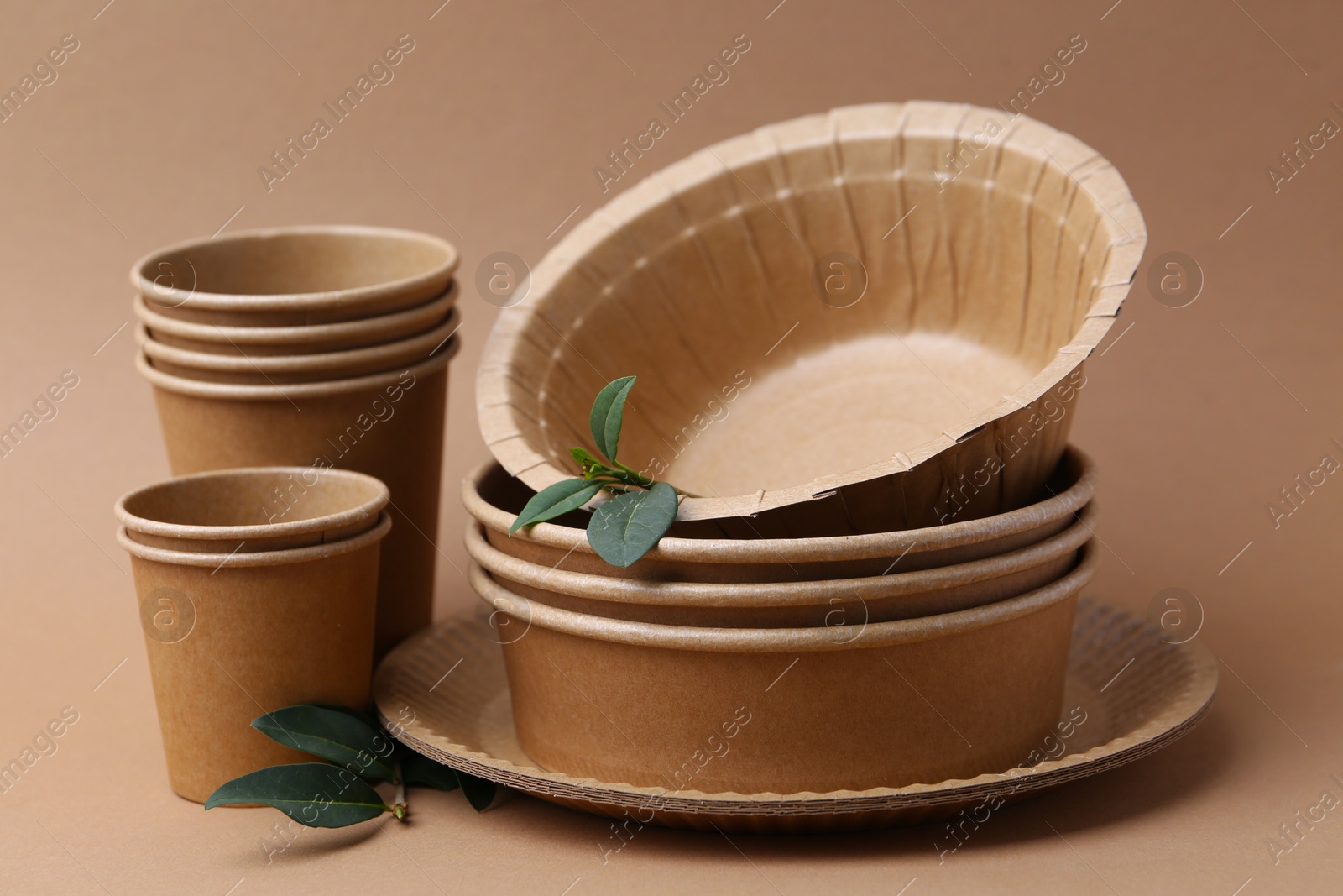 Set of disposable tableware and green leaves on brown background, closeup Photo of Set of disposable tableware and green leaves on brown background, closeup